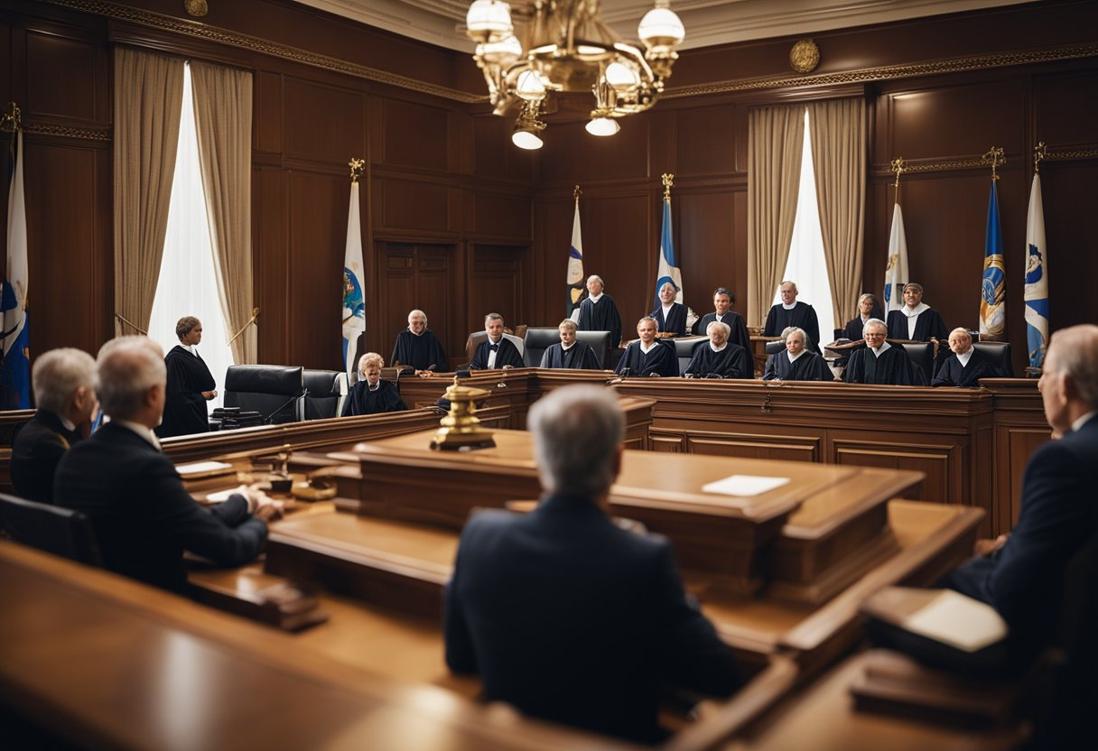 A courtroom with judges, lawyers, and a ship model, representing the legal foundations of admiralty law