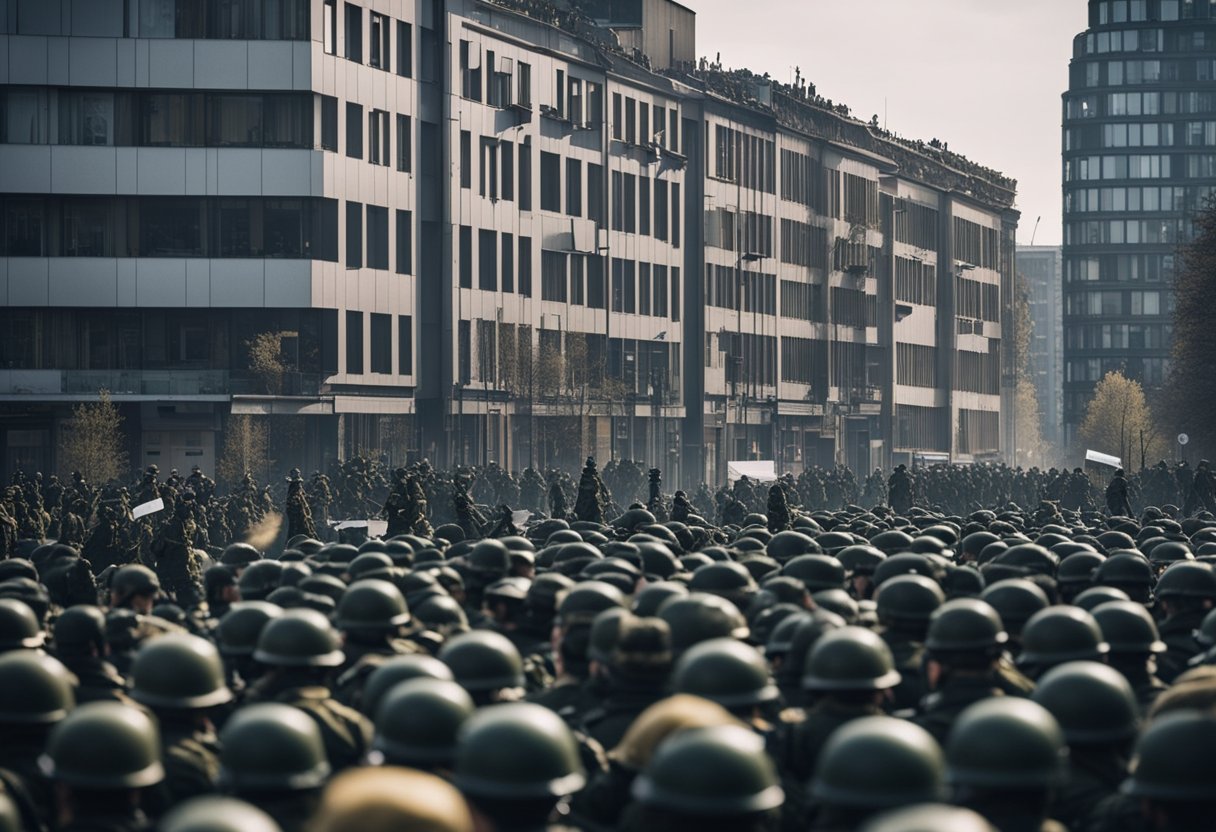 Die Spannungen in Berlin nehmen zu, als die Streitkräfte mobilisiert werden und die Proteste zunehmen. Im Hintergrund zeichnen sich Gebäude ab, während die Stadt zu einem Brennpunkt internationaler Spannungen wird