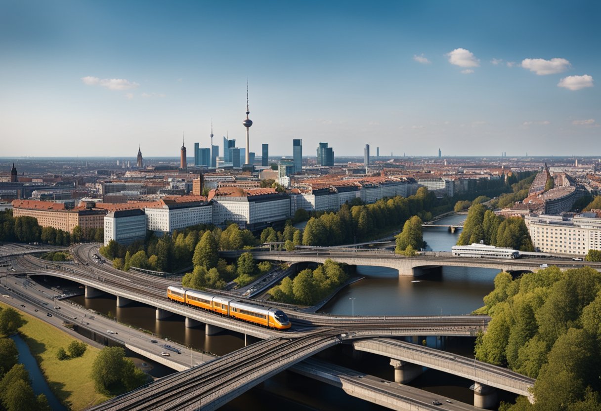 Skyline von Berlin mit einem abfahrenden Zug, einem startenden Flugzeug und einer Autobahn, die in eine nahe gelegene Stadt in Deutschland führt
