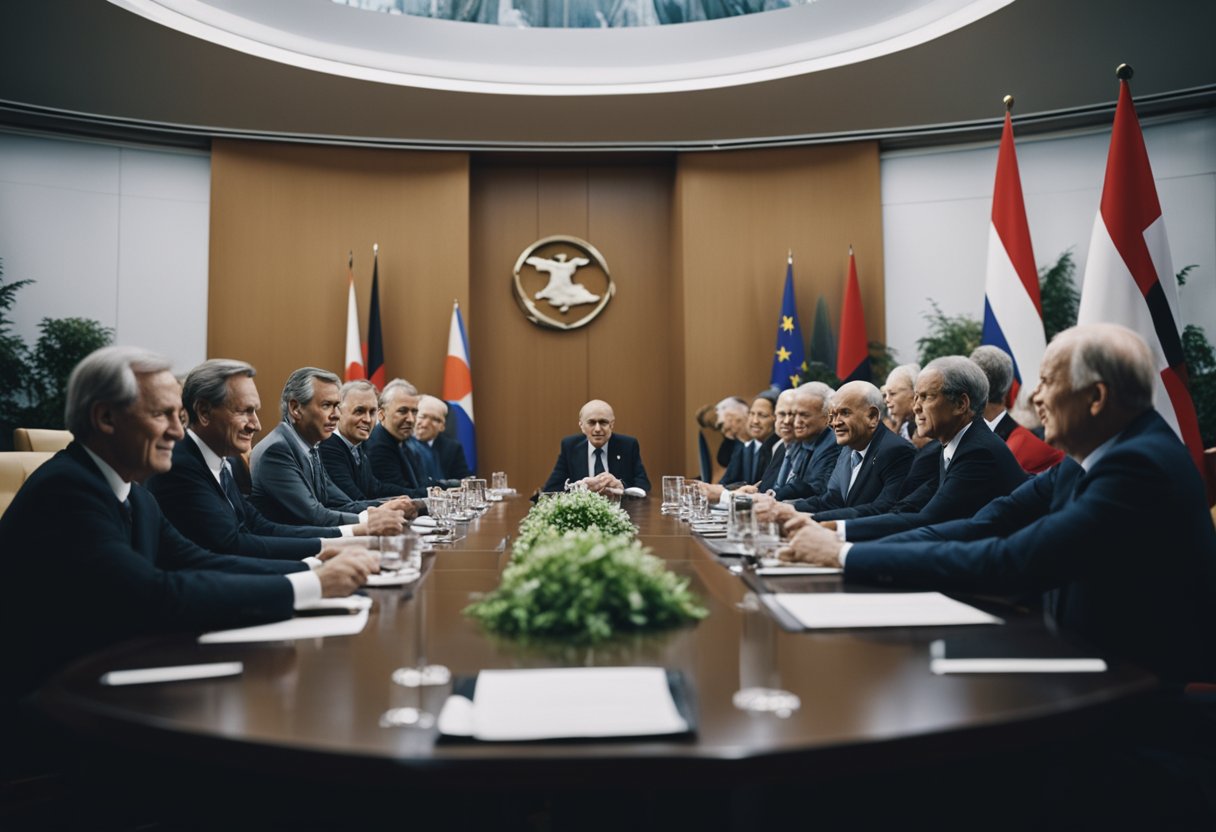 Die Staats- und Regierungschefs der Welt treffen sich zu Krisengesprächen in Berlin. Die Spannungen steigen, während die Diplomaten verhandeln. Die Medien fangen die intensive Atmosphäre ein