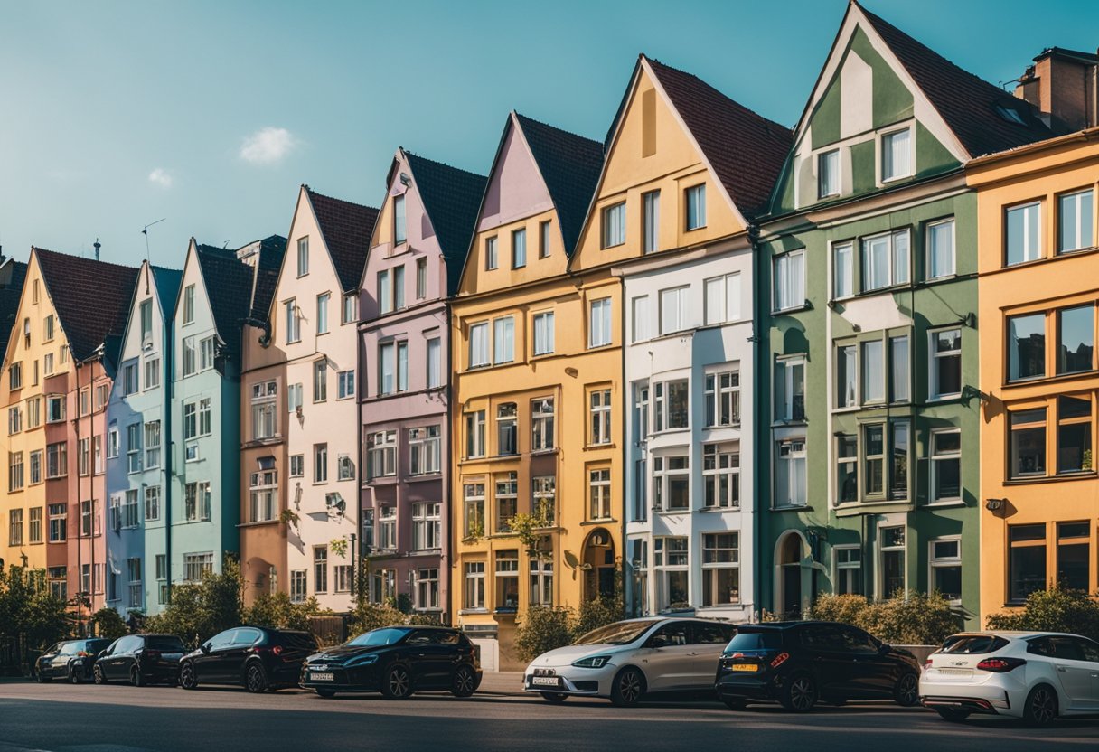 A row of colorful houses in Berlin, Germany with price tags displayed on each one