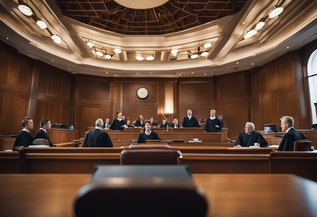 A courtroom with judges and lawyers discussing maritime law cases