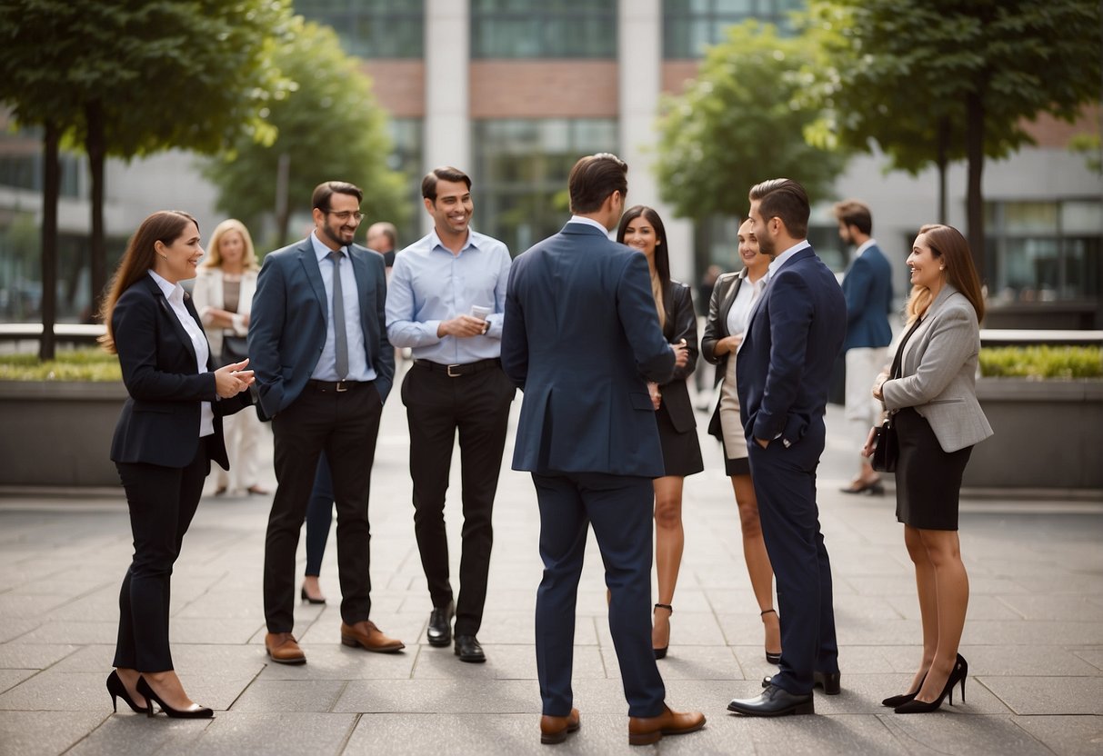 A group of professionals networking in a public sector setting, discussing funding opportunities for startups