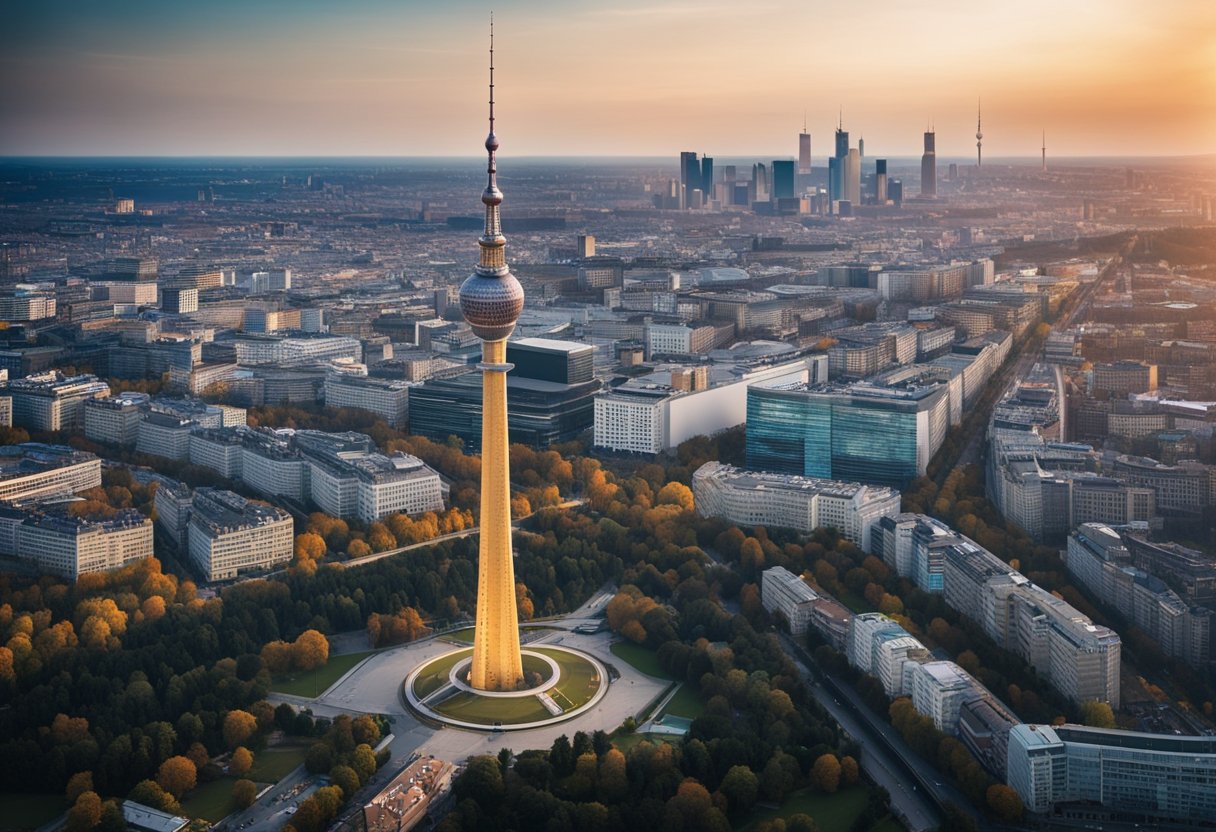 Der ikonische Berliner Fernsehturm ragt in der Skyline der Stadt empor und zeigt die einzigartige Vorwahl 030