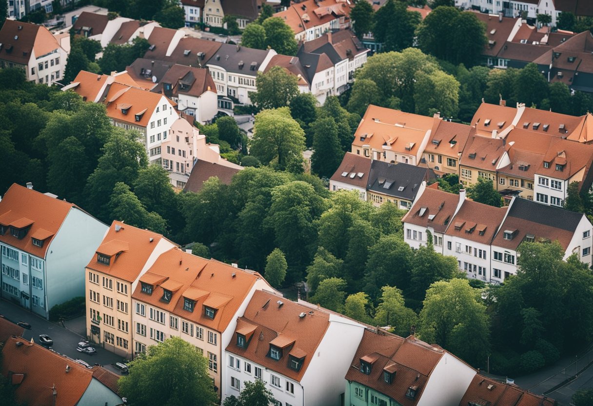 Ein belebtes Viertel in der Nähe von Berlin, Deutschland. Von bunten Gebäuden gesäumte Straßen, geschäftiges Treiben, umgeben von üppigem Grün