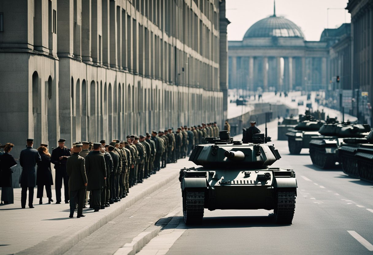 Panzer und Soldaten säumen die Berliner Mauer, die Spannung ist greifbar. Die Bürger blicken besorgt aus den Fenstern und warten auf die Folgen
