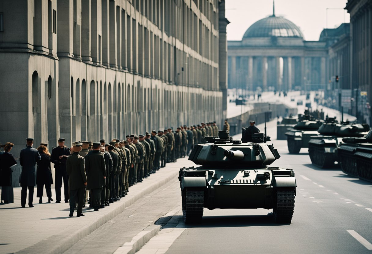 Tanks and soldiers line the Berlin Wall, tension palpable. Citizens peer anxiously from windows, awaiting the aftermath