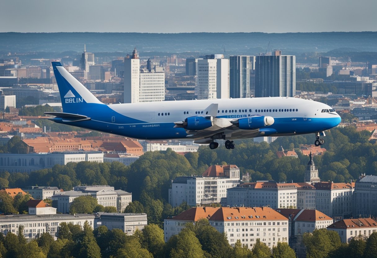 Ein Frachtflugzeug fliegt über die Stadt Berlin, umgeben von einem strahlend blauen Himmel. In der Ferne erstreckt sich eine Reihe von Flugzeugen, die alle Vorräte für die Menschen unter ihnen transportieren