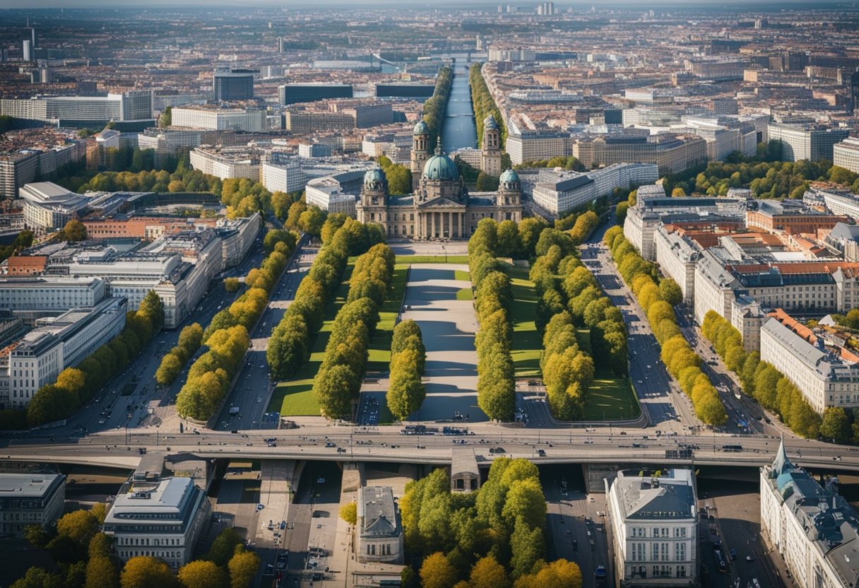 A bustling cityscape of Berlin with iconic landmarks and modern infrastructure, capturing the vibrant energy and diverse culture of the city