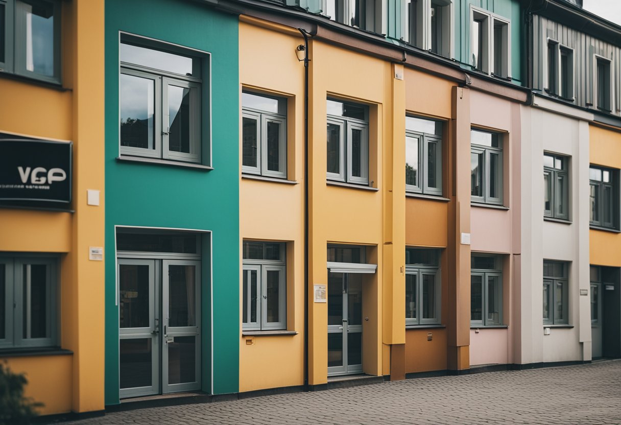 A row of colorful houses in Berlin, Germany, with price tags displayed on each front door
