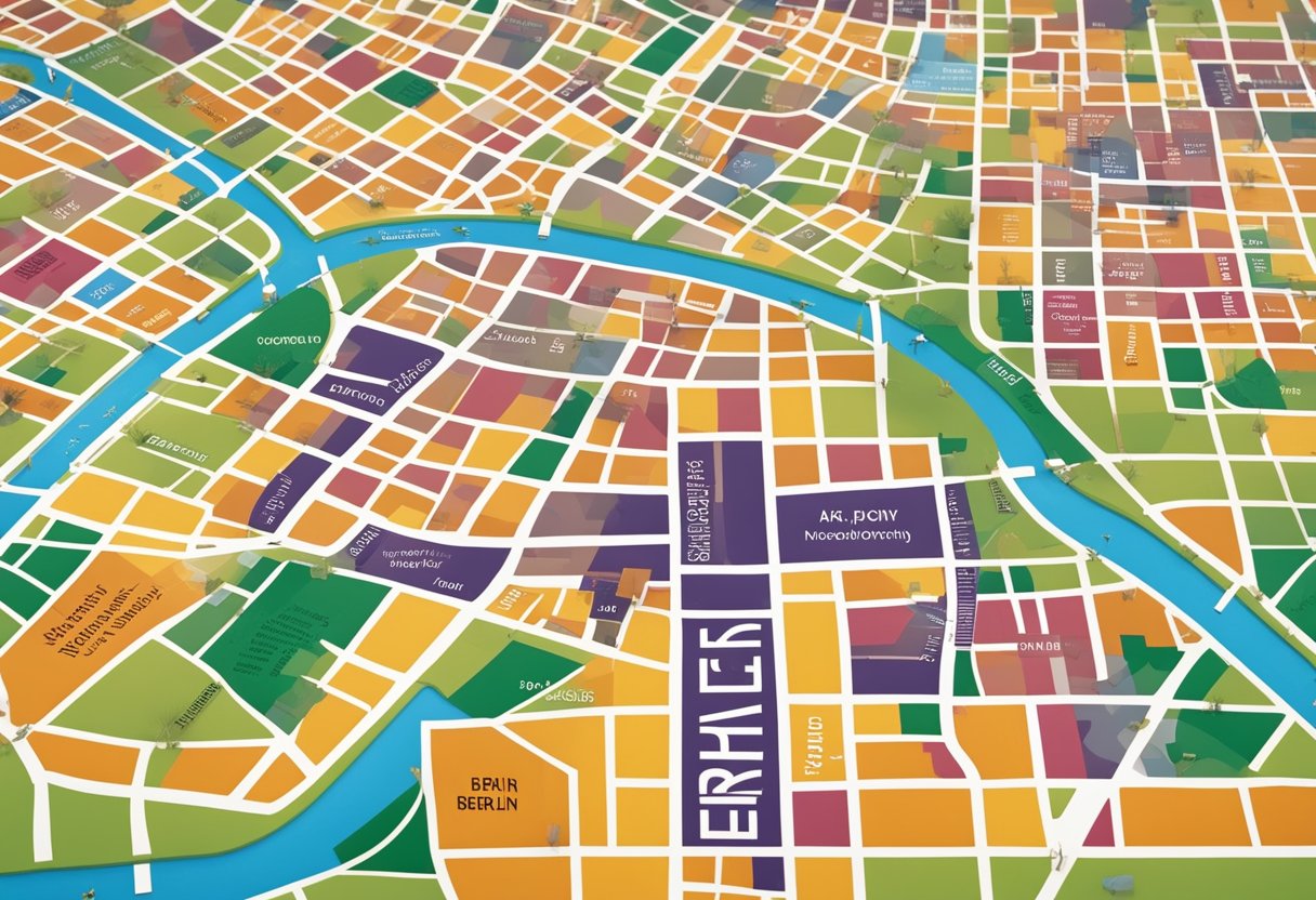 Eine bunte Karte von Berlin mit verschiedenen beschrifteten Stadtteilen und den entsprechenden fettgedruckten Mietpreisen