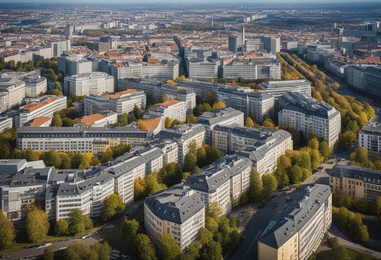 Eine Luftaufnahme des Berliner Stadtbilds mit verschiedenen Gebäuden und Wohnkomplexen, die den vielfältigen Mietmarkt verdeutlichen