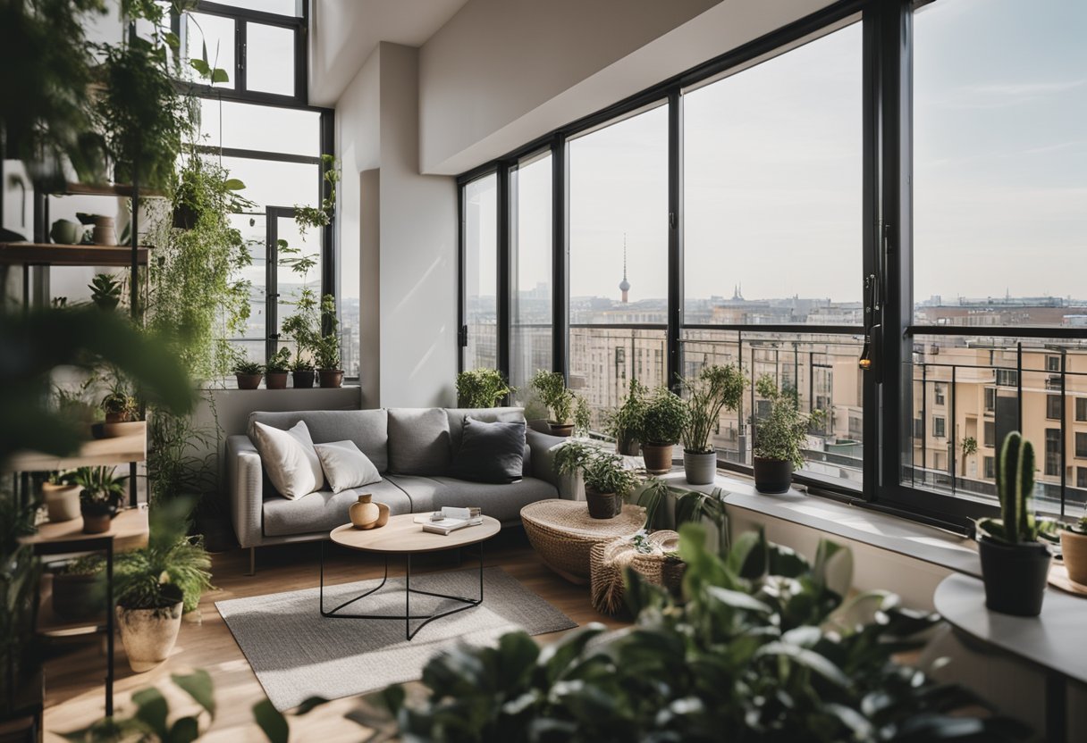 A cozy apartment in Berlin, Germany with modern decor, large windows overlooking the city, and a balcony with potted plants