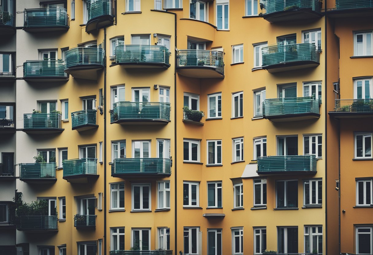 A row of colorful apartment buildings in Berlin, Germany, with "For Rent" signs displayed in the windows