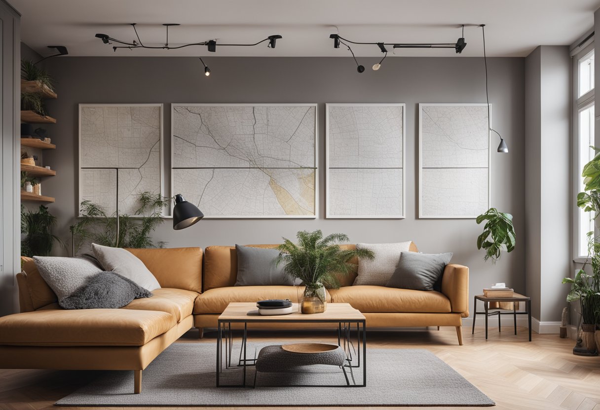 A cozy apartment in Berlin, Germany, with a welcoming atmosphere and modern decor. A map of the city hangs on the wall, showcasing popular Airbnb listings
