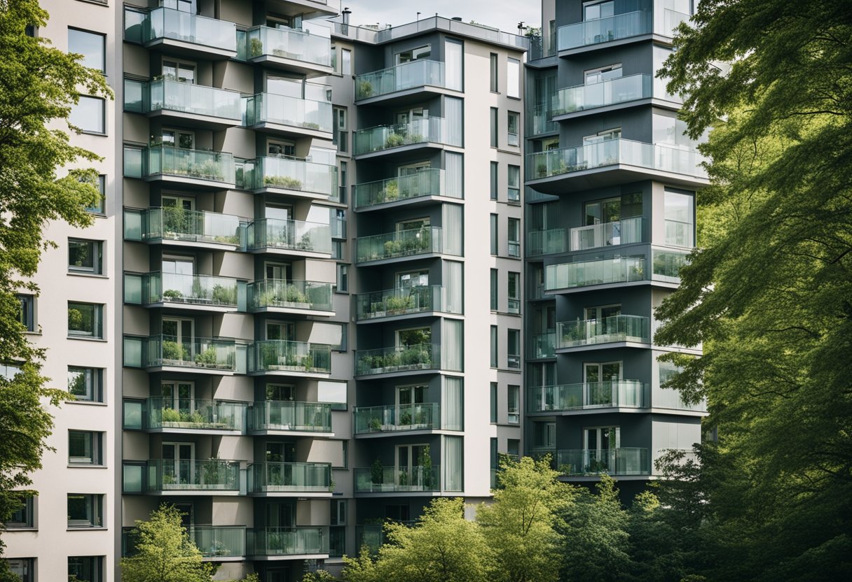 Mehrere moderne Wohnungen in Berlin, Deutschland, mit großen Fenstern und Balkonen, umgeben von grünen Bäumen und einem belebten Stadtbild