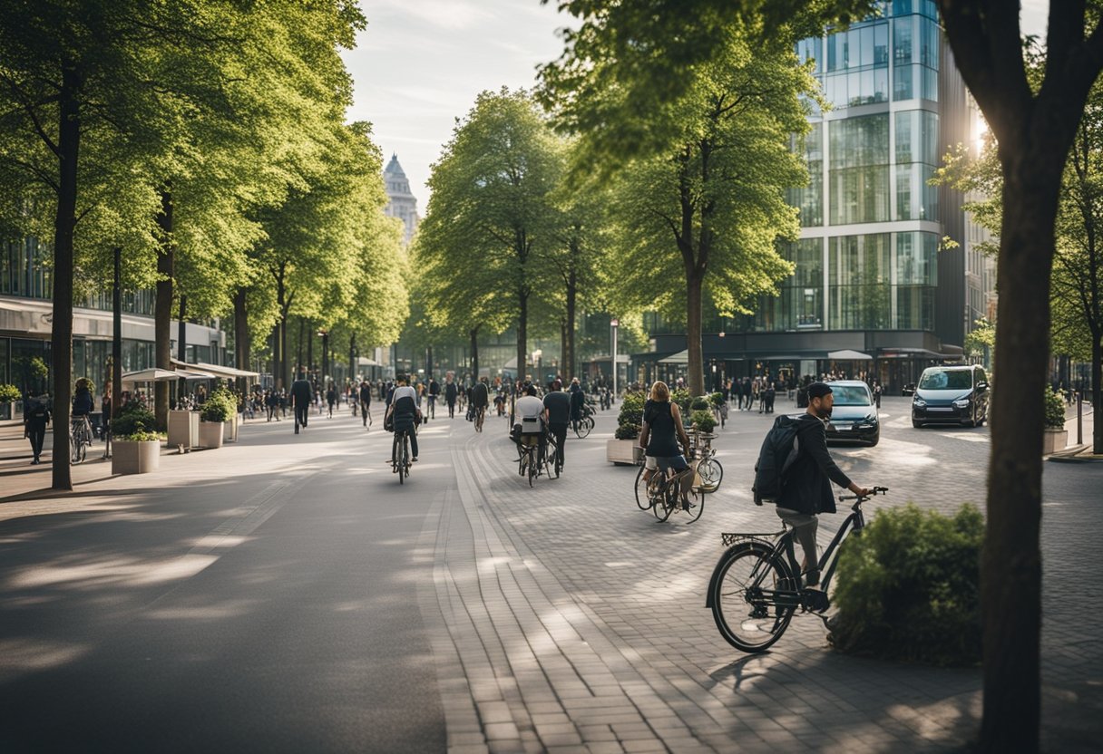 Eine belebte Stadtstraße mit modernen Gebäuden und trendigen Cafés, umgeben von grünen Parks und Fahrradwegen. Eine Mischung aus städtischen und natürlichen Elementen, die das pulsierende Leben in Berlin einfängt.
