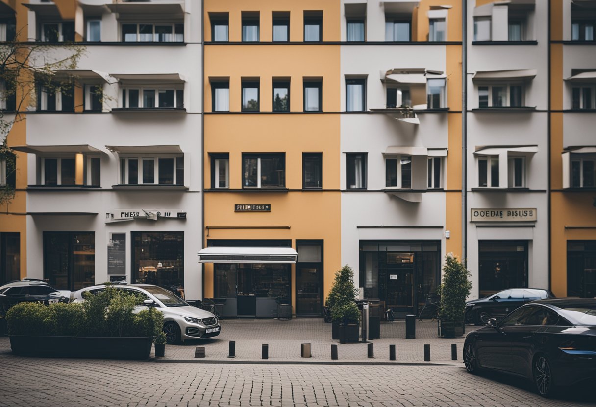 Eine belebte Straße in Berlin mit modernen Wohnhäusern und einem sichtbaren Preisschild für die Miete