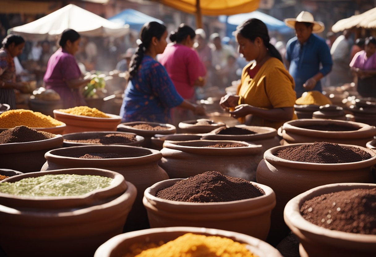 A traditional Oaxacan market, with colorful displays of mole ingredients and women in traditional clothing preparing the sauce in large clay pots