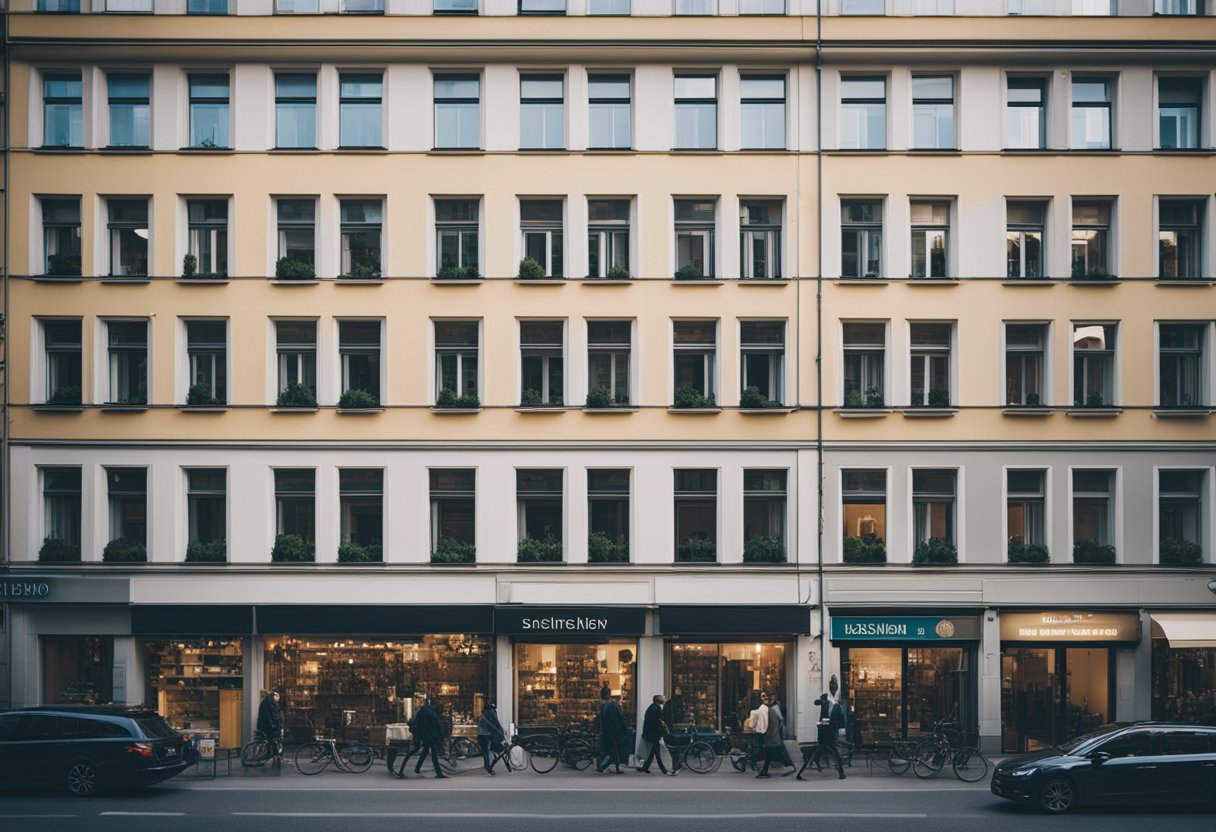 A bustling Berlin street with diverse architecture, "For Sale" signs on apartment buildings, and people browsing listings in real estate agency windows