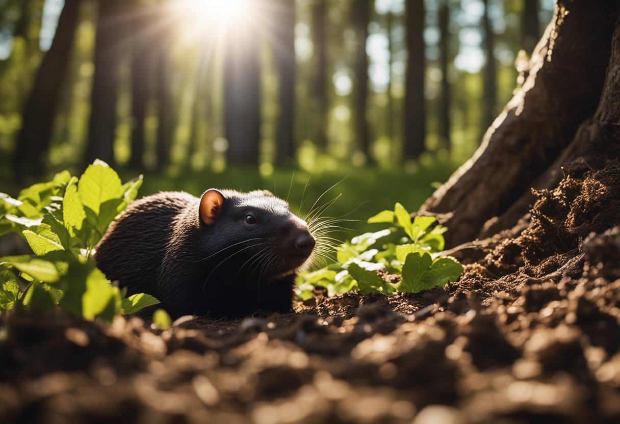 A mole digs deep into the earth, surrounded by roots and soil. Above, the sun casts dappled shadows through the trees, illuminating the scene