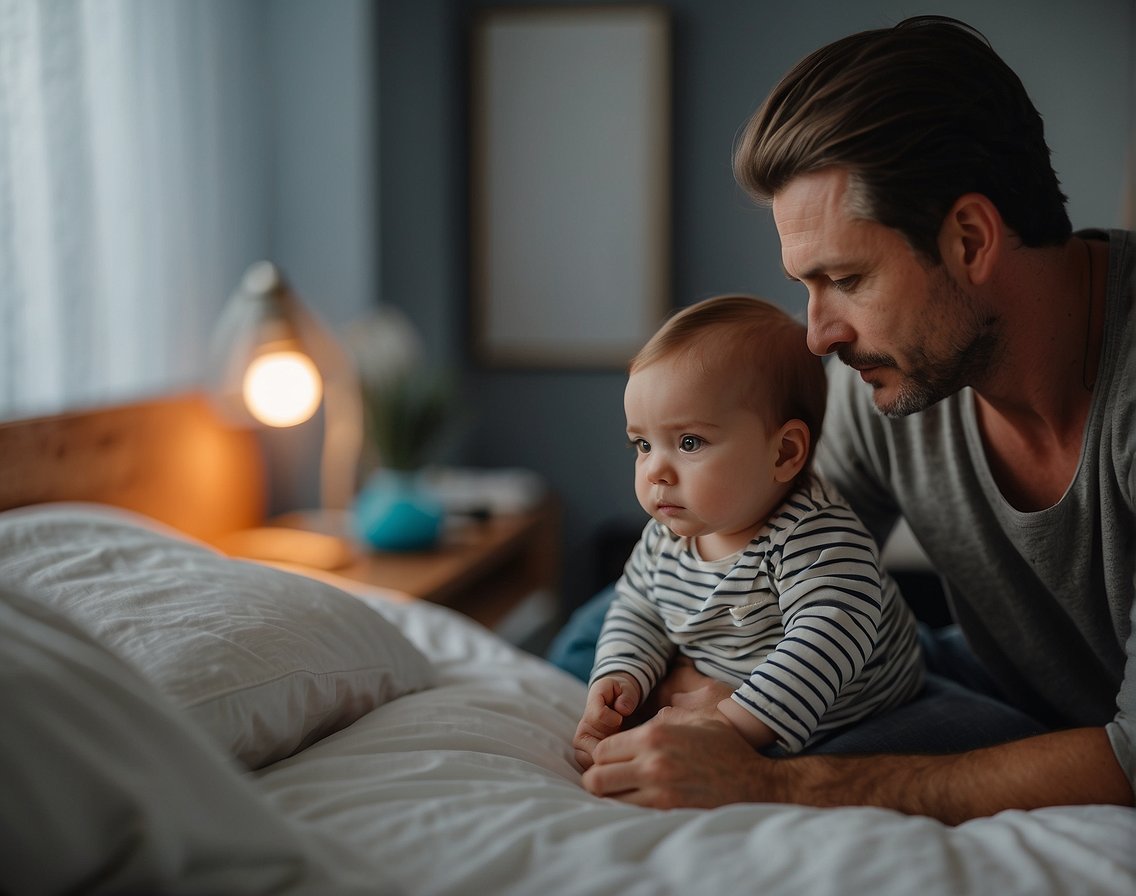 A parent checks for hazards around the bed before co-sleeping with their baby