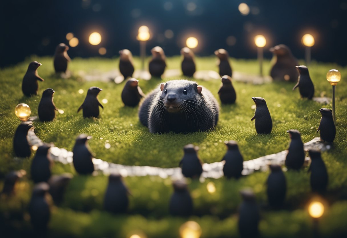 Moles gather in a circle, surrounded by glowing earth. They chant and meditate, connecting with the spiritual energy of the underground world