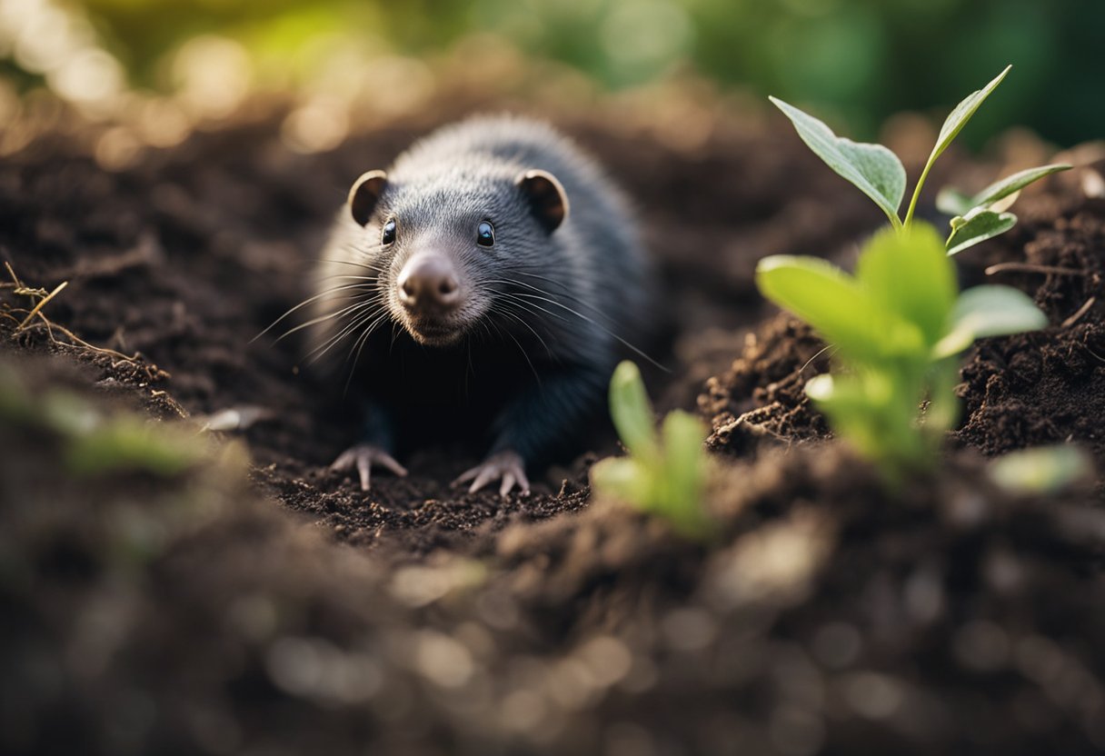 A mole emerges from the earth, surrounded by roots and soil. Its small, powerful form exudes a sense of connection to the earth and a deep spiritual presence