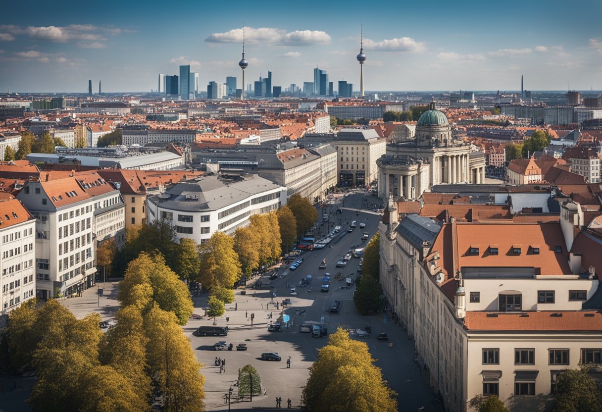 Berliner Skyline mit modernen Gebäuden, belebten Straßen und Menschen, die ihren täglichen Aktivitäten nachgehen. Ein Preisschildsymbol könnte die Lebenshaltungskosten darstellen