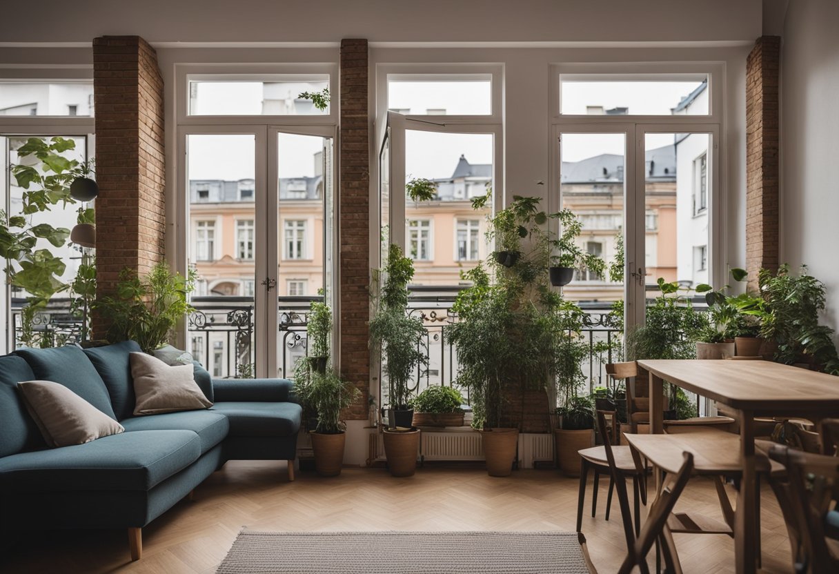 Eine gemütliche Wohnung mit einem Balkon mit Blick auf die belebten Straßen von Berlin, Deutschland. In der Nähe: ein charmantes Stadthaus mit Garten und ein stilvolles Loft in einem historischen Gebäude