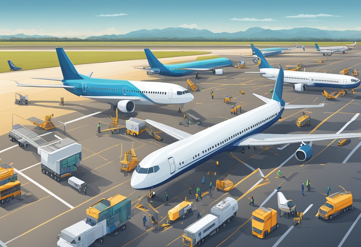 A busy airport tarmac with planes lined up for takeoff and landing, and shuttles providing passengers ease.