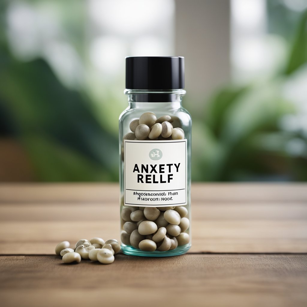 A glass bottle filled with small, round mushroom pills sits on a wooden table, with a label reading "Anxiety Relief."