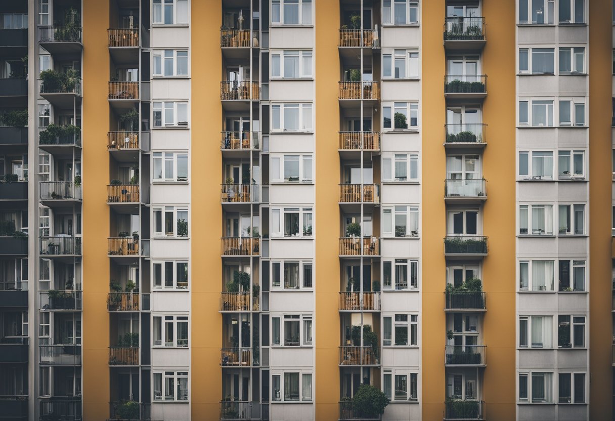 Verschiedene Arten von Wohnungen in Berlin, Deutschland. Hochhäuser, Stadthäuser und moderne Wohnungen mit Balkonen und großen Fenstern