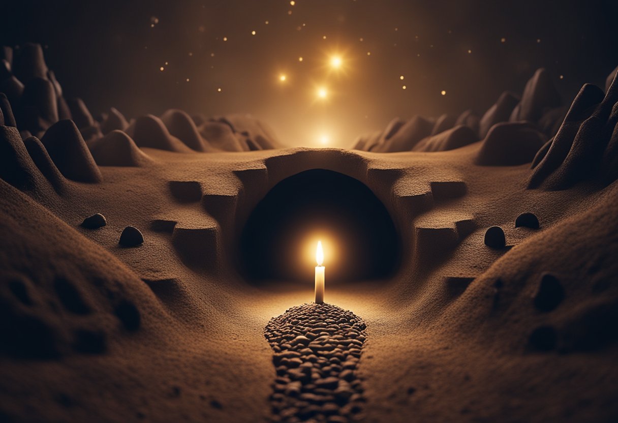 A mole burrows through dark earth, surrounded by symbols of mystery and spirituality. A glowing light illuminates its path, hinting at deeper spiritual significance