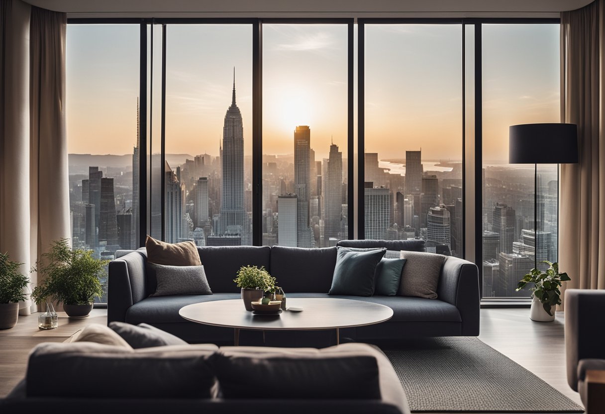 A cozy living room with a modern sofa, a flat-screen TV, and a large window overlooking the city skyline
