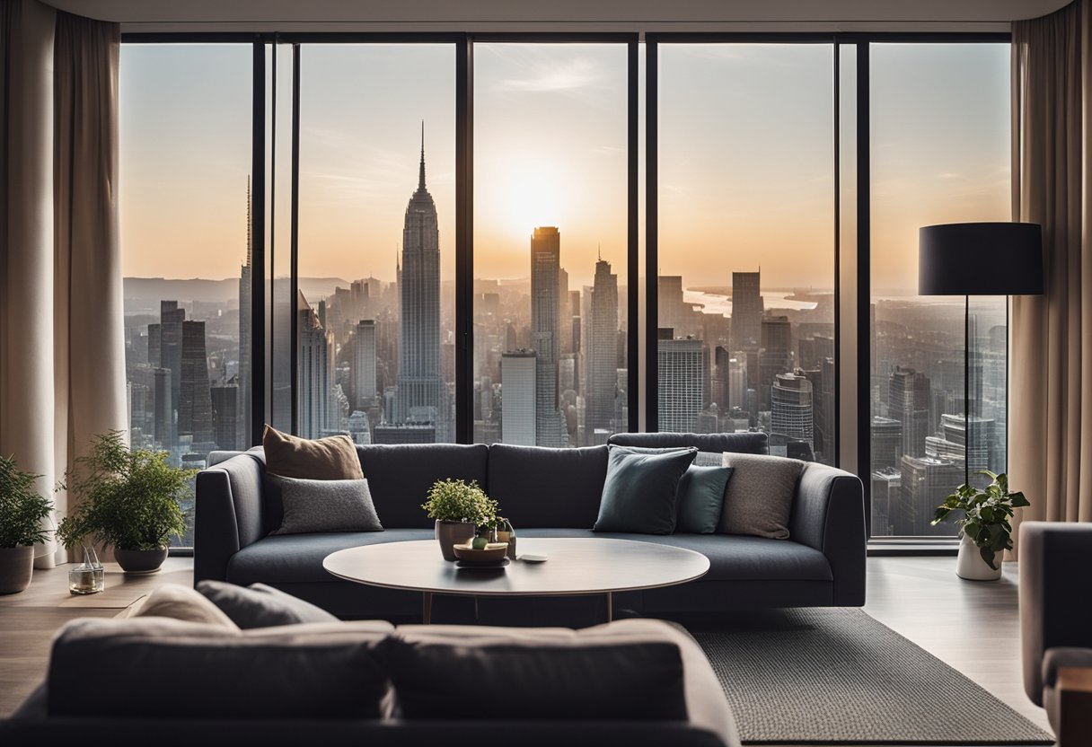 Ein gemütliches Wohnzimmer mit einem modernen Sofa, einem Flachbildfernseher und einem großen Fenster mit Blick auf die Skyline der Stadt