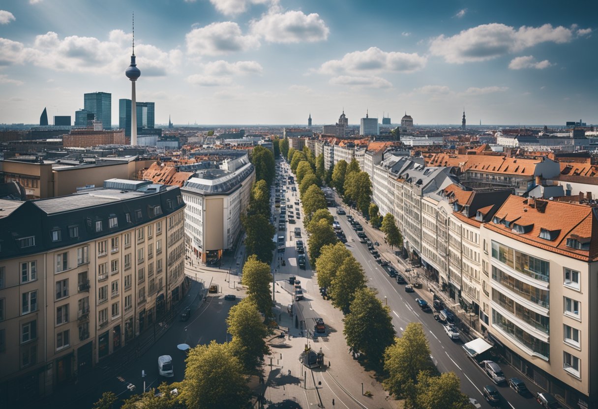 Ein belebtes Stadtbild von Berlin, mit Reihen von Wohnhäusern und Mietangeboten auf Plakatwänden und Websites