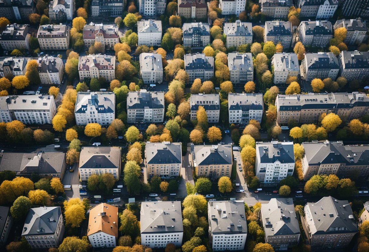 Luftaufnahme von Berlin, Deutschland, mit verschiedenen Bezirken und Stadtteilen, die zum Verkauf stehende Wohnungen zeigen