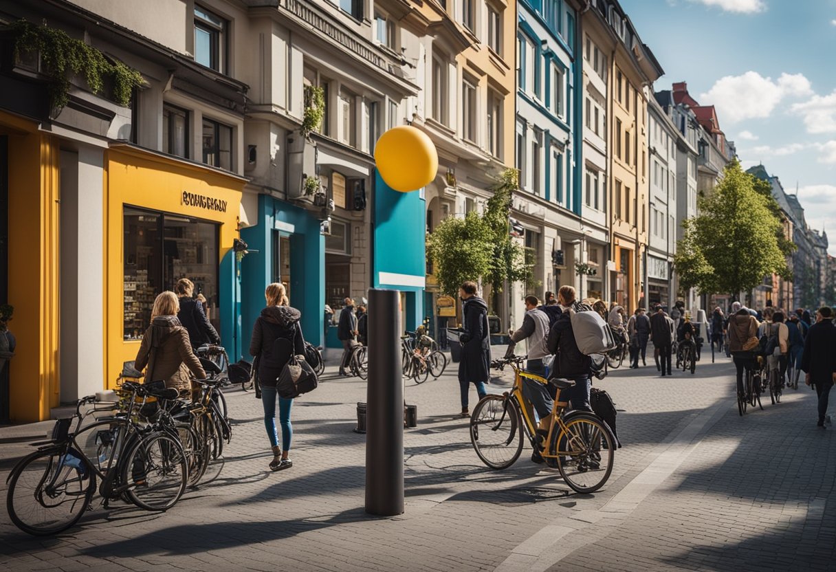 Eine belebte Straße in Berlin, mit bunten Gebäuden und einer Mischung aus Fußgängern und Radfahrern. Ein Schild mit der Aufschrift "Häufig gestellte Fragen" und "Wie hoch ist die durchschnittliche Miete in Berlin, Deutschland?