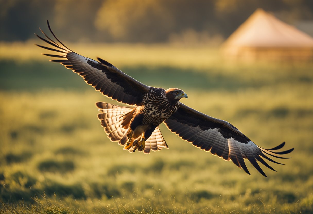 A buzzard soars gracefully through a radiant sky, its wings spread wide as it embraces the freedom of flight. The sun's light illuminates its feathers, highlighting the beauty of transformation and growth