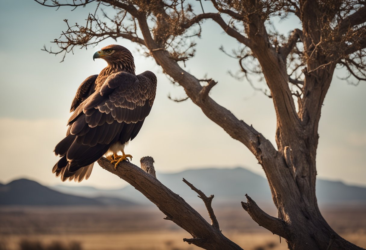 A buzzard perched on a barren tree, its wings spread wide, overlooking a desolate landscape with a sense of solemnity and spiritual significance