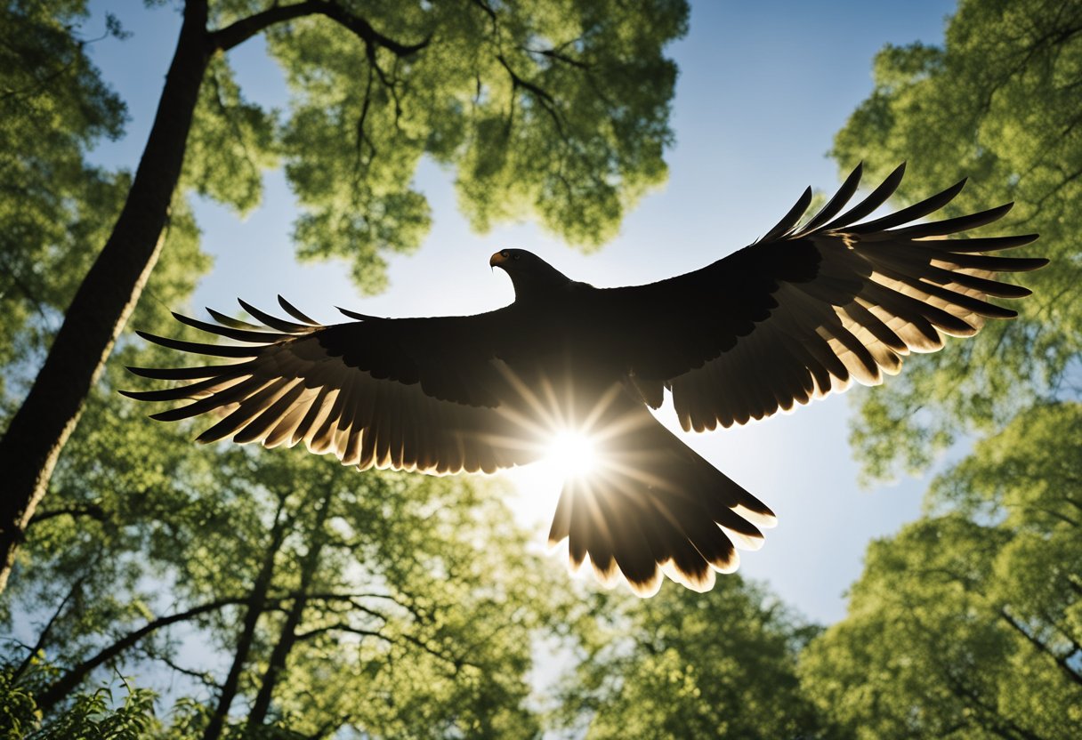 A buzzard soars high above a lush forest, its wings outstretched as it scans the ground below for prey. The sun illuminates its feathers, creating a striking silhouette against the clear sky
