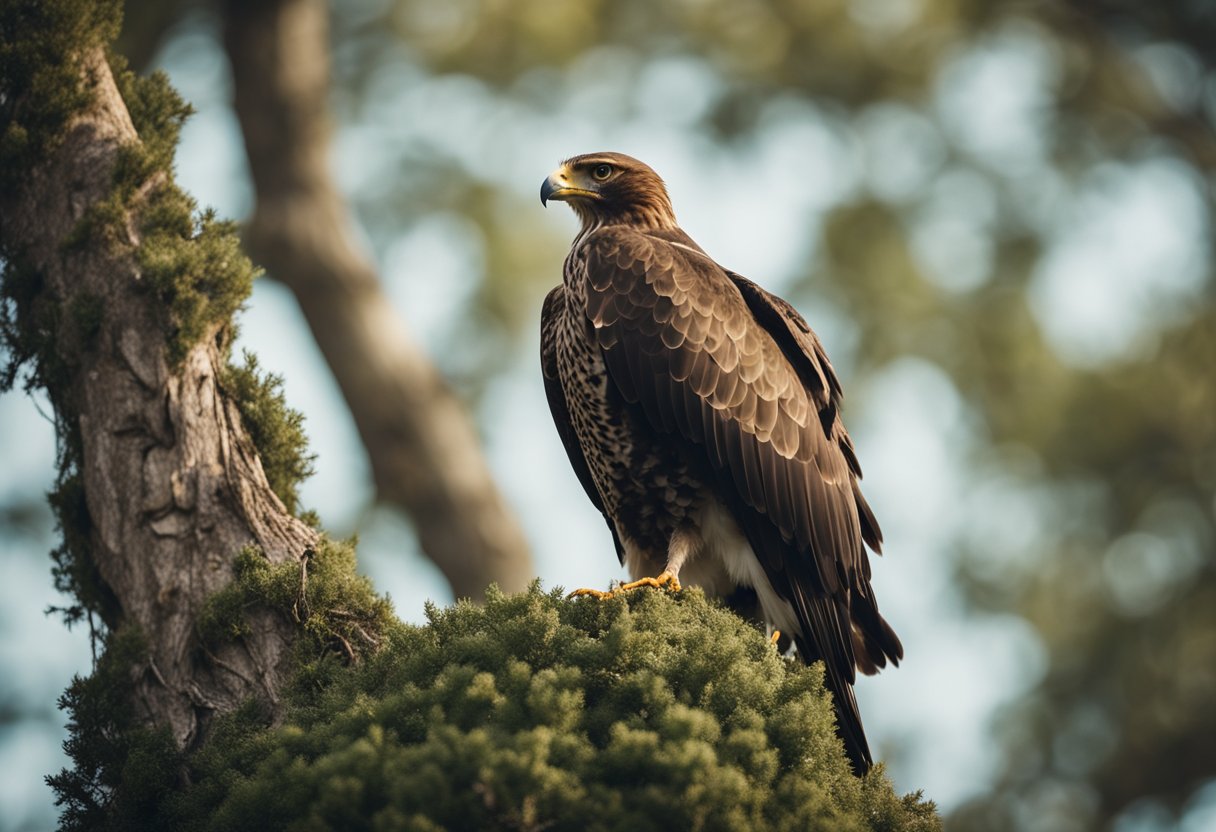 A buzzard perches on a weathered tree, its wings outstretched in a moment of stillness. Surrounding it, the air is heavy with the scent of sage and the sound of distant chanting