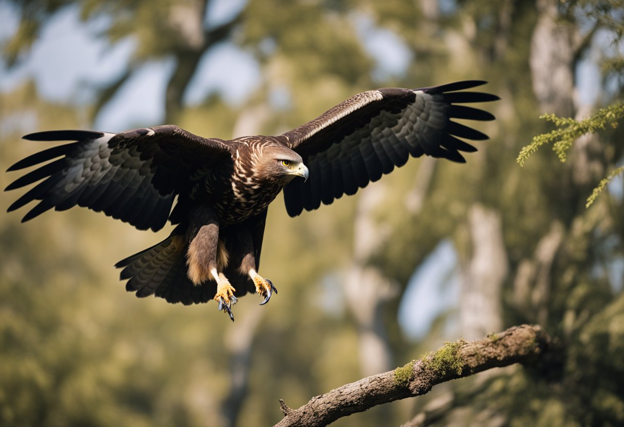 A buzzard perched on a gnarled tree branch, its wings spread wide in flight, its sharp eyes focused on the ground below