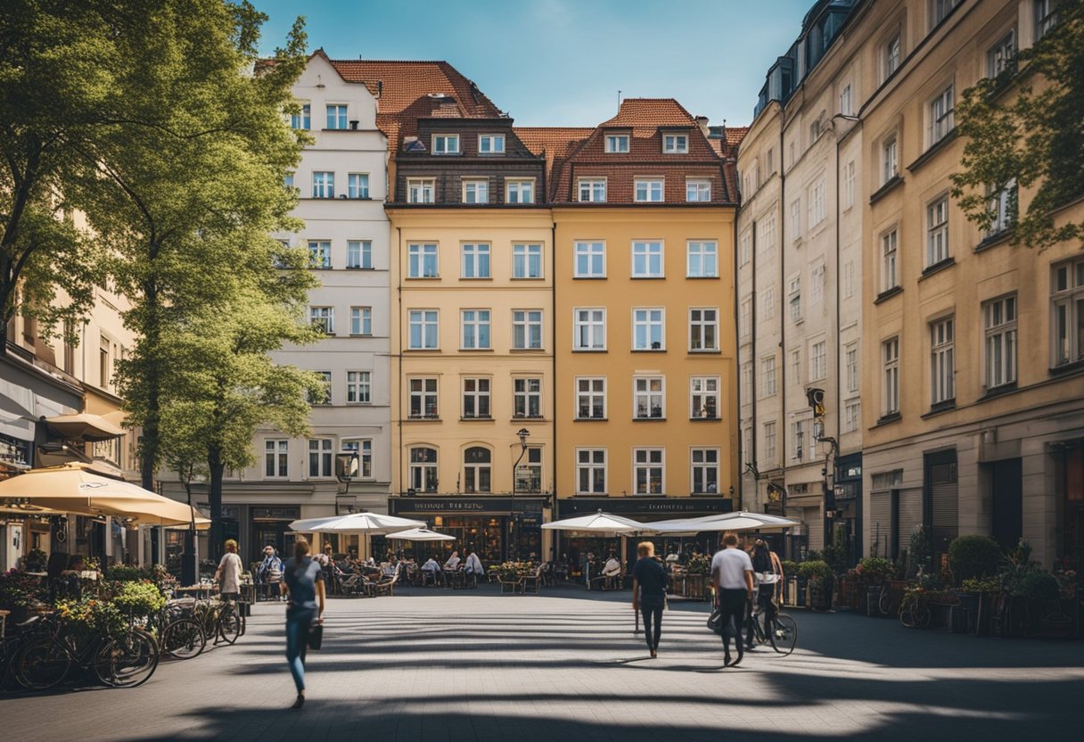 A bustling street in Berlin, Germany showcases various types of apartments for sale, from modern high-rise buildings to charming historic townhouses