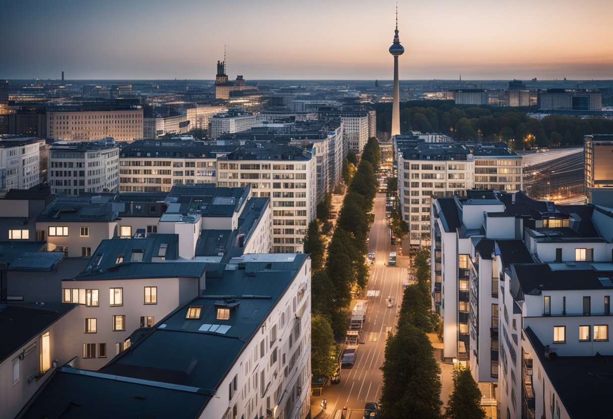 A bustling cityscape with modern apartment buildings in Berlin, Germany, showcasing investment opportunities and considerations for potential buyers