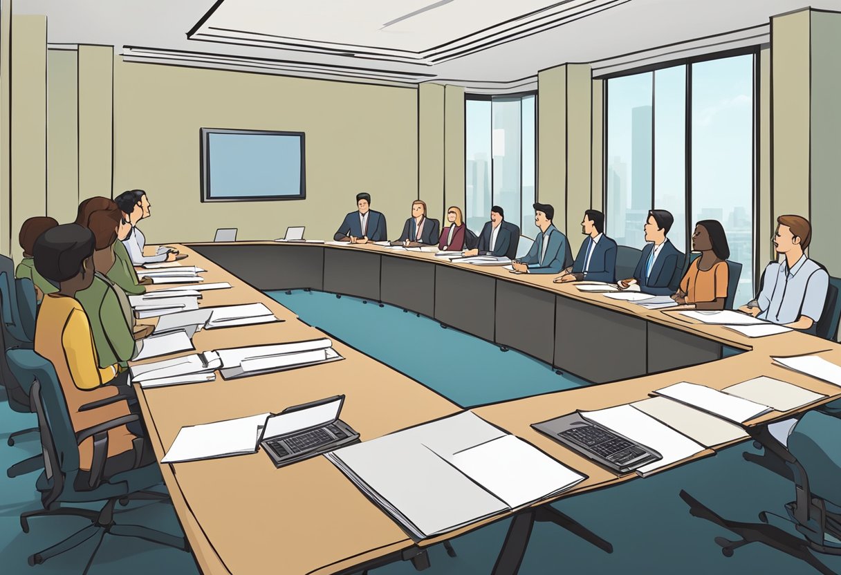 A conference room with a long table and chairs, a stack of resumes, and a panel of interviewers asking questions