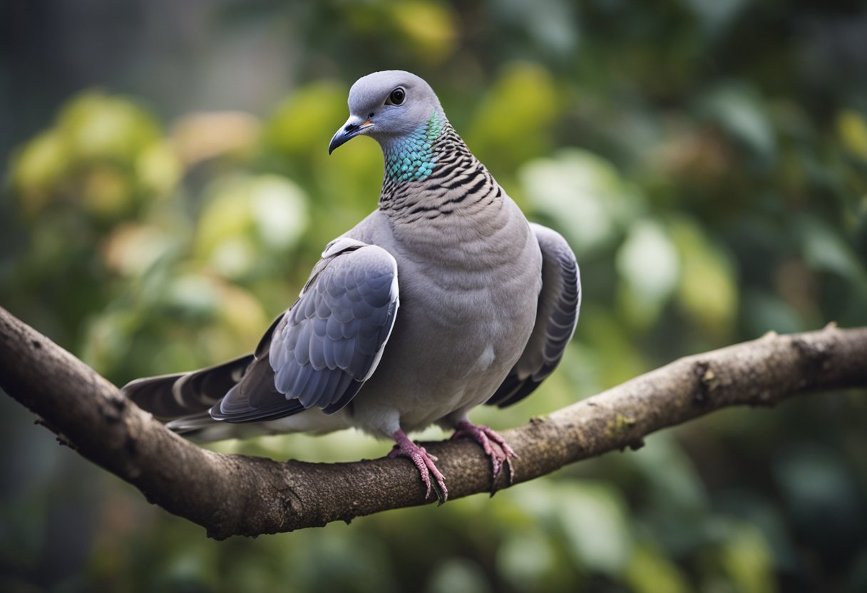 A grey dove perches on a branch, its wings outstretched in a symbol of peace and spirituality
