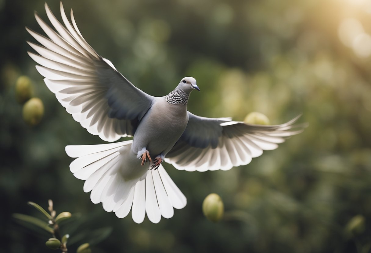 A grey dove flies gracefully with an olive branch in its beak, symbolizing peace and hope