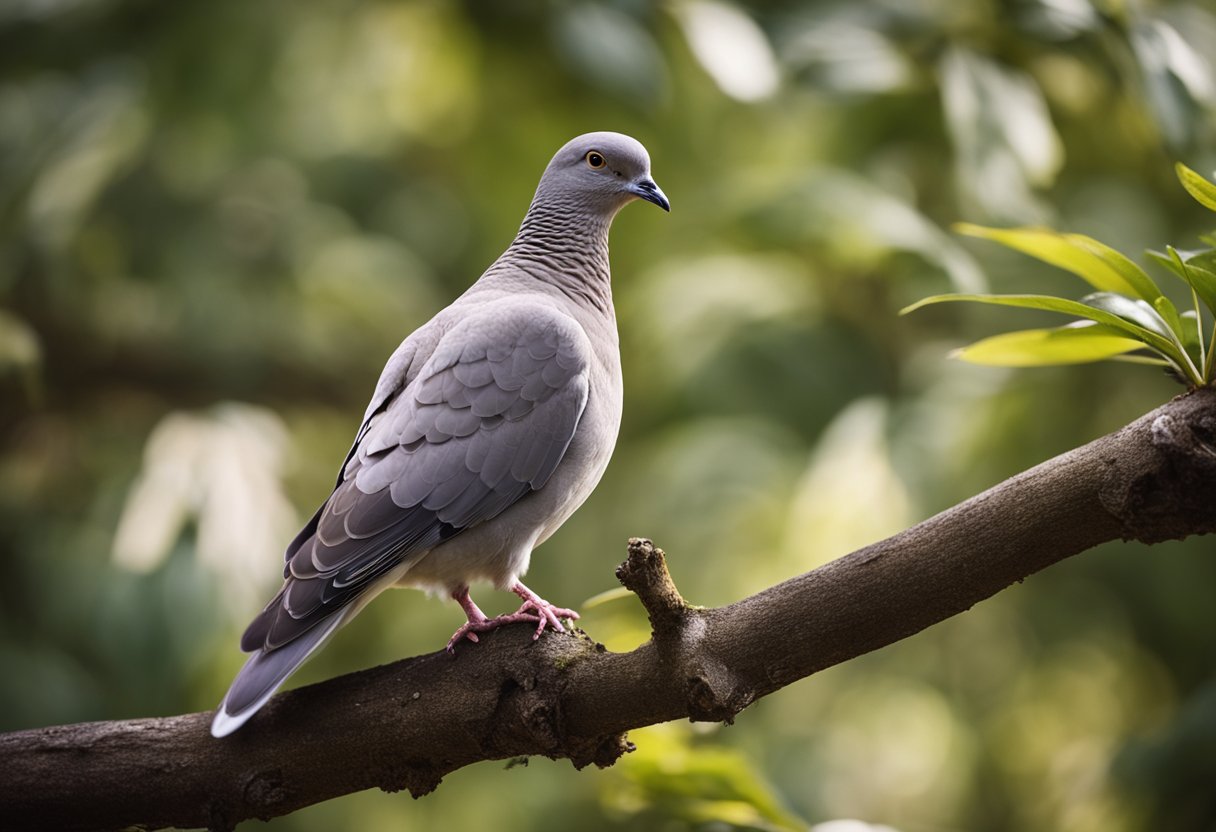 A grey dove perches on a branch, its head tilted as it observes its surroundings with calm and peaceful demeanor